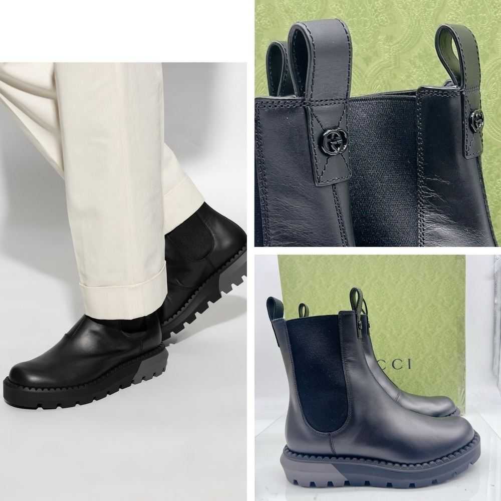 Gucci Chelsea Leather Interlocking GG Ankle Boots Black Men's UK 7.5 US 8